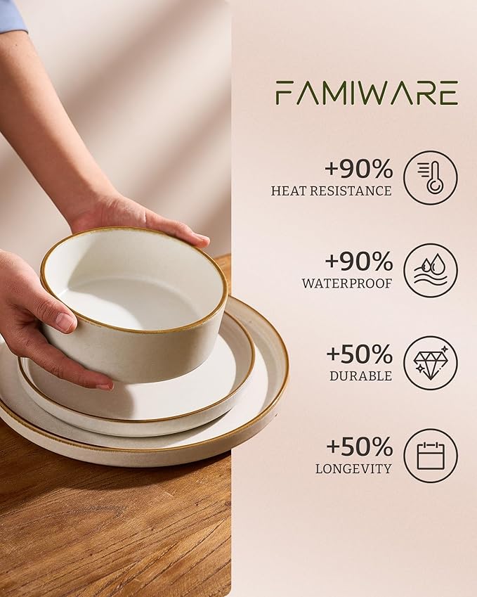 Famiware Nebula Plates and Bowls Sets, 12 Pieces Stoneware Dinnerware Sets, Reactive Glaze Dish Set, Dishes Set for 4, Matte Beige White with Brown Rim