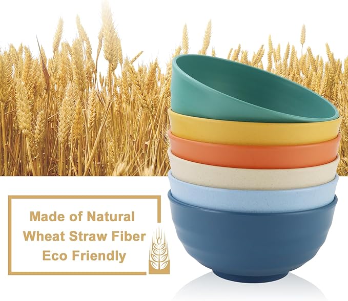 Wheat Straw Bowls 60 OZ, Unbreakable Large Salad Bowls Set of 6, Plastic Kitchen Bowls for Ramen, Soup, Cerea, Microwave and Dishwasher Safe Big Popcorn Bowls for Camping, RV, Party (Multi Colors)