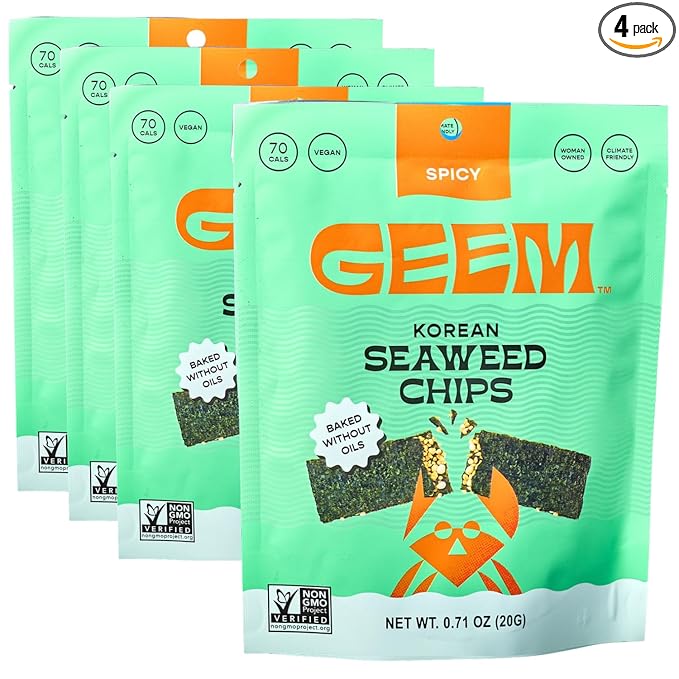 GEEM Seaweed Snacks – Korean Seaweed Chips with Rice Crisps & Sesame | Crunchy, Oil-Free Snack | Vegan, Non-GMO | Great for Kids & Adults | Spicy 4-Pack