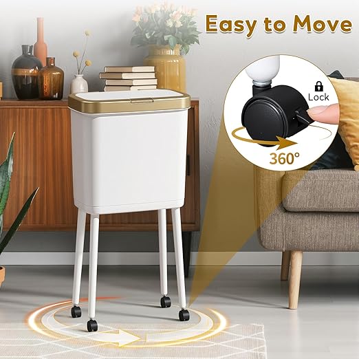 Procade Gold Bathroom Trash Can with Lid,15L Large Capacity Narrow Waste Basket with Pop-Up Lid,Covered White Office Trashcans for Near Desk,Plastic Garbage Bin for Kitchen,Bedroom,Dorm