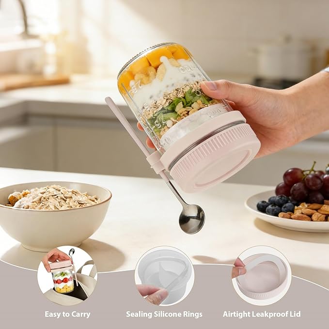 6 Pack Overnight Oats Containers with Lids and Spoon - 16 oz Glass Mason Jars with Separate Compartments Leakproof Chia Pudding Salad Yogurt Parfait Cups for Oatmeal Cereal Meal Prep (Beige)