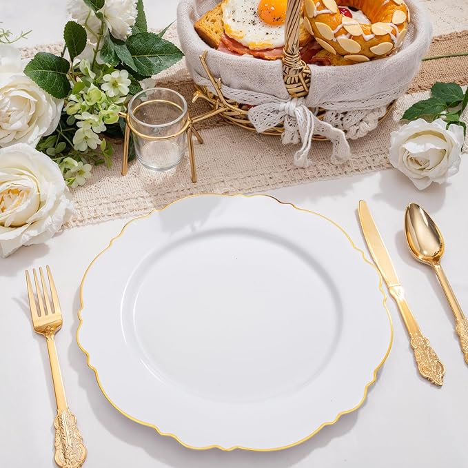 WDF 60pcs Gold Plastic Dinner Plates -10.25inch Baroque White and Gold Plates Fancy Plastic Plates for Upscale Party/Wedding/Birthday