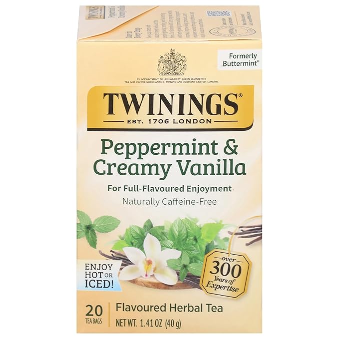 Twinings Peppermint & Creamy Vanilla Herbal Tea Individually Wrapped Bags, 20 Count (Pack of 1), Formerly Buttermint, Naturally Caffeine-Free, Enjoy Hot or Iced, 20 Teabags