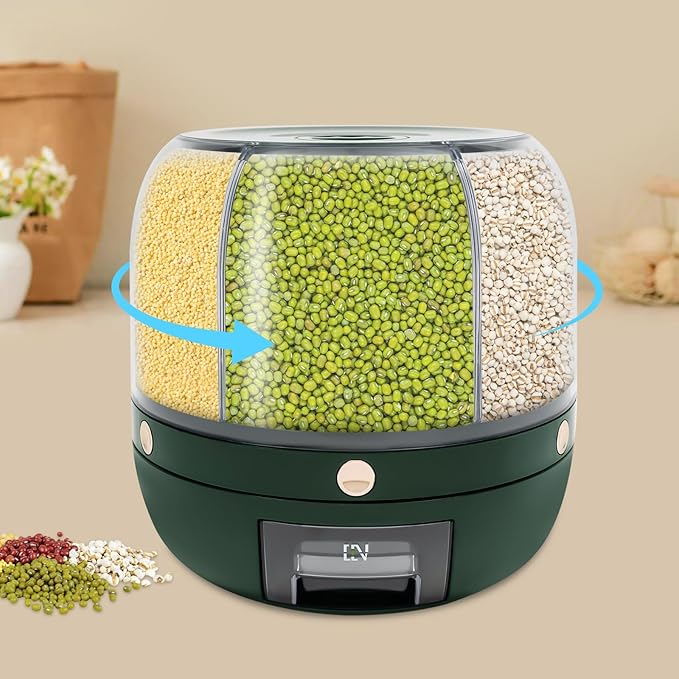 Grain Storage Container Dispenser, 6 Grids rice dispenser rotating, 360° rotating food dispenser One-Click Output rice Storage Round Grain Dispenser Kitchen (Light Green 1.2kg)