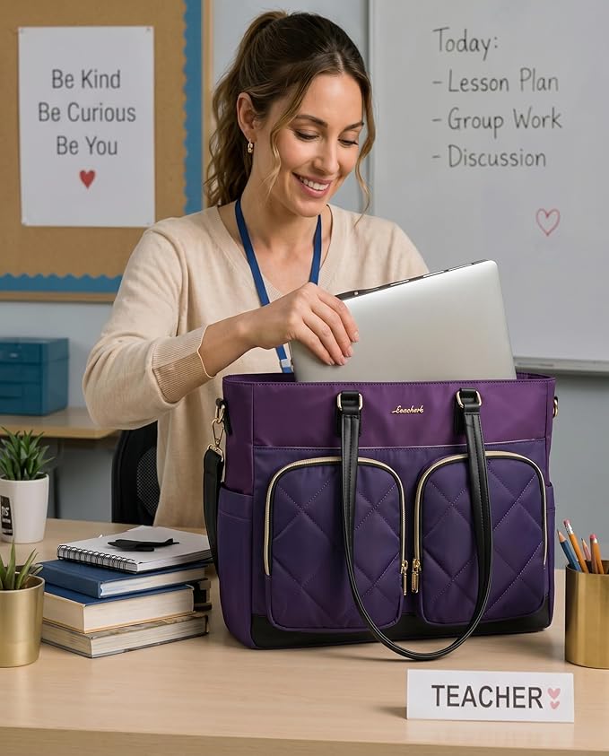 LOVEVOOK Lunch Tote Bag for Women, 2-in-1 Work Bag with Insulated Lunch Compartment, 15.6 Inch Large Capacity Laptop Tote with Cup Holder for Teacher, Nurse, Office, Outdoors, Purple