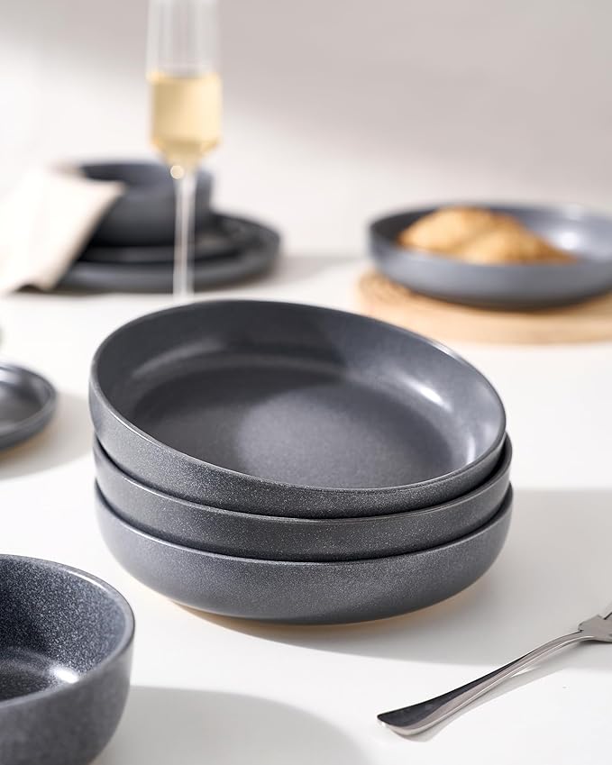 famiware Milkyway Pasta Bowls Set of 8, 33 oz Large Salad Bowls, Double Reactive Glaze, Sturdy & Stackable, Ideal for Housewarming, Festivals, Matte Dark Charcoal
