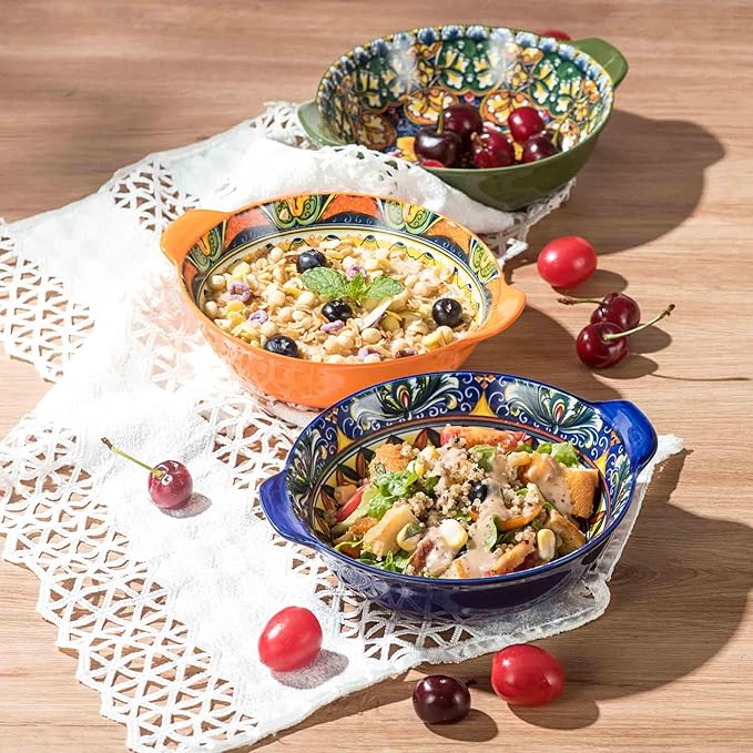 Henten Home Ceramic Soup Bowls Set, 14 oz Cereal Bowl Set of 6, Small Dessert Bowls with Handle, Boho Serving Bowls Set for Kitchen, Snack, Salad, Microwave & Dishwasher Safe