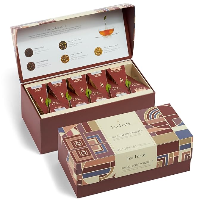 Tea Forte Premium Presentation Box Gift Set Sampler, 20 Count, Assorted Blends Individually Wrapped Handcrafted Pyramid Infuser Bags, Gifts for Mom, Frank Lloyd Wright