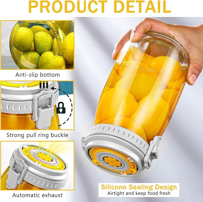 2 Pack Fermentation Jar with Automatic Venting & Date Marker - 2L Airtight Glass Storage Jar for Pickles, Kimchi, Jams, Dry Goods, Leak-Proof Food Container (0.53 US Gal / 67.6 US fl oz)