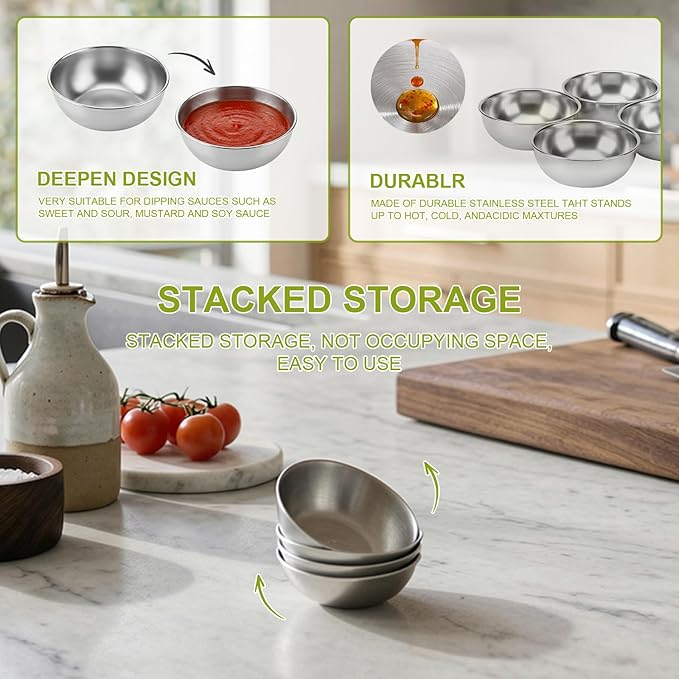 tifanso 8PCS Small Dipping Bowls - Stainless Steel Sauce Condiment Cups, Mini Soy Sauce Dish, Appetizer Plates for Charcuterie, Ketchup, Seasoning, BBQ, Party, Camping, Easy to Clean, Sliver