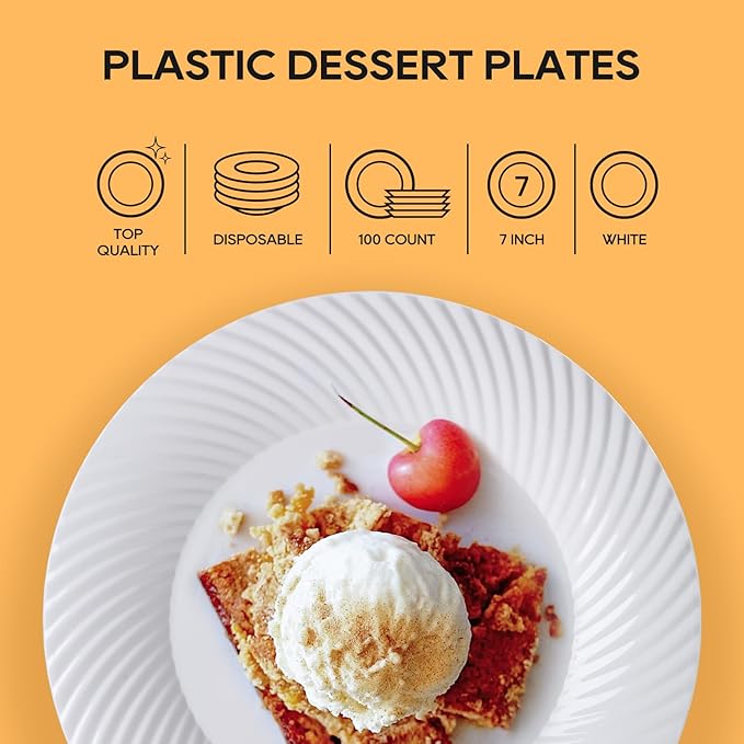 FOCUSLINE 7 Inch White Plastic Plates, 100 Count Disposable Heavy Duty Salad Dessert Plates, Premium Hard Plastic for Weddings, Parties and Events