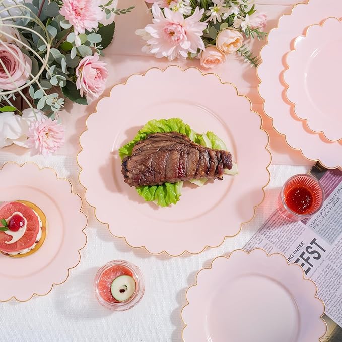 LIYH 120 Pcs Pink Plastic Plates Disposable Set Includes 60 Dinner Plate 10.25" & 60 Dessert Plate 7.5" with Elegant Gold Rim for Party Birthday Baby Shower