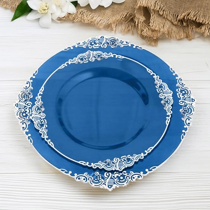 Efavormart 10 Pack | 8" Translucent Navy and Silver Baroque Dessert Plates, Leaf Embossed Metallic Rim Shatterproof Appetizer Plates for Nautical Showers