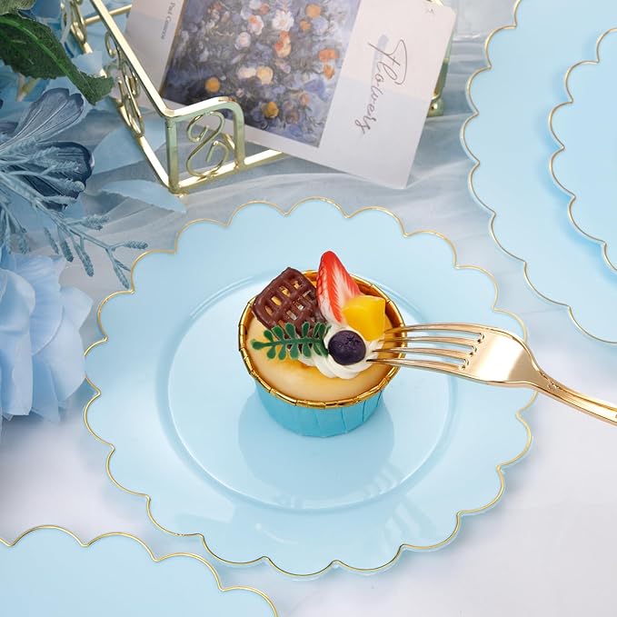 LIYH 60 Pcs Baby Blue Plastic Plates with Gold Edge - Disposable Light Blue Plastic Plates Includes 30 Dinner Plate 10.25" and 30 Dessert Plate 7.5" for Party Birthday Wedding