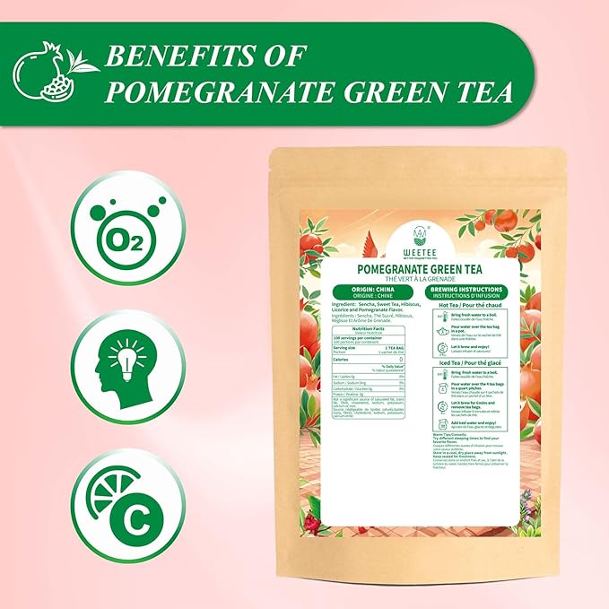 WT WEETEE Pomegranate Green Tea Bags 100 Count, Made of Sencha Green Tea with Pomegranate Flavor, Hibiscus & More, Caffeinated Tea
