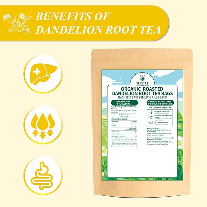 WT WEETEE Organic Roasted Dandelion Root Tea Bags, Dandelion Herbal Tea 100 Count, Caffeine Free, Support Healthy, Vitamins Rich