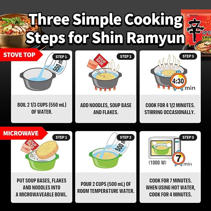 Nongshim Shin Ramyun Noodles, Spicy Korean Signature Instant Ramyun, Rich Beef Flavored Broth, Microwaveable, Korean Instant Noodles, 4.23 oz (Pack of 16), Packaging May Vary