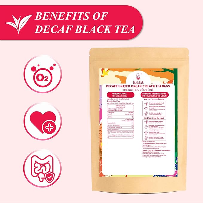 WT WEETEE Organic Decaf Black Tea Bags, Organic Black Tea 100 Count | Smooth & Mild Taste | CO2-Decaffeinated | Resealable Kraft Bag