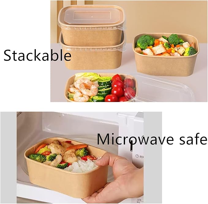 50 Pack 25oz Paper Meal Prep Containers with Lids, Disposable Kraft Food Containers, Stackable Oil-Proof Takeout Salad Bowls for Meal Prep, Picnic, Party Supplies, Microwave Freezer Safe