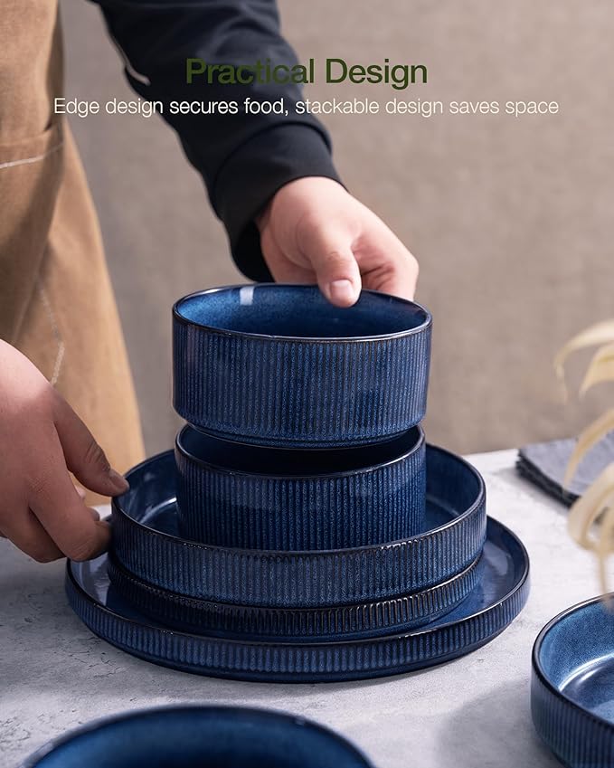 Famiware Star 18-Piece Reactive Glaze Plates and Bowls Sets, Service for 6 - Stoneware Dinnerware with Trim, Modern Rustic Dishes, Chip & Scratch Resistant, Microwave & Dishwasher Safe, Nebulas Blue