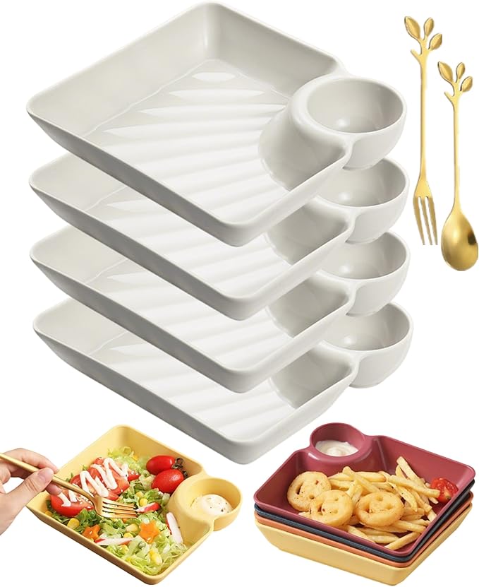 4pcs Japanese Dumpling Plate with Sauce Dish, Chips and Salsa Serving Dish Plates with Dipping Saucer for Family Party Appetizer Sushi Taco Salsa Charcuterie Barbecue Plate, Reusables (White)