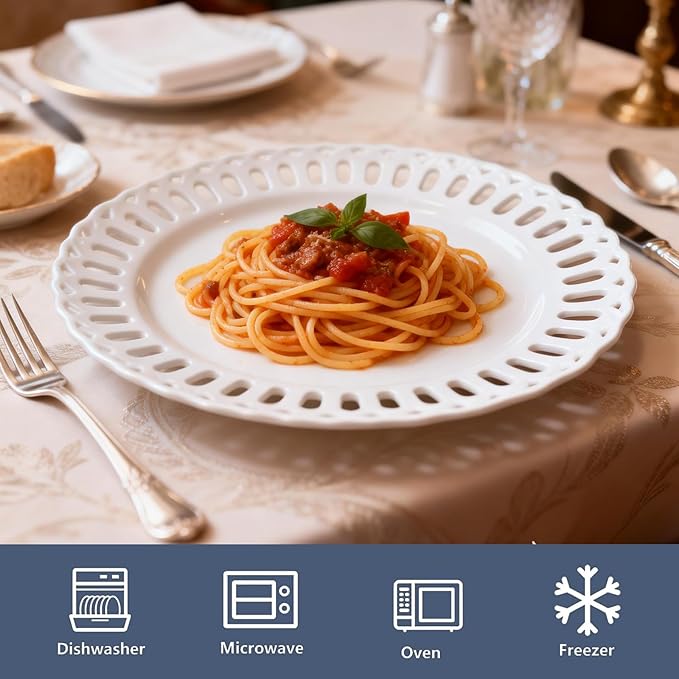 Aimusego Porcelain White Dinner Plates, Set of 4, Ceramic Salad Plates, Platters for Cake Snacks Steak Bread Luncheon Dish at Home Hotel and Restaruant, Stackable, for Holiday (White B, 9.8'')