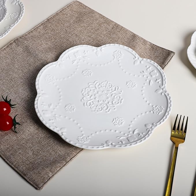 Gaolinci European Palace Series Lace Embossed Ceramic Dinner Plate (Set of 4)