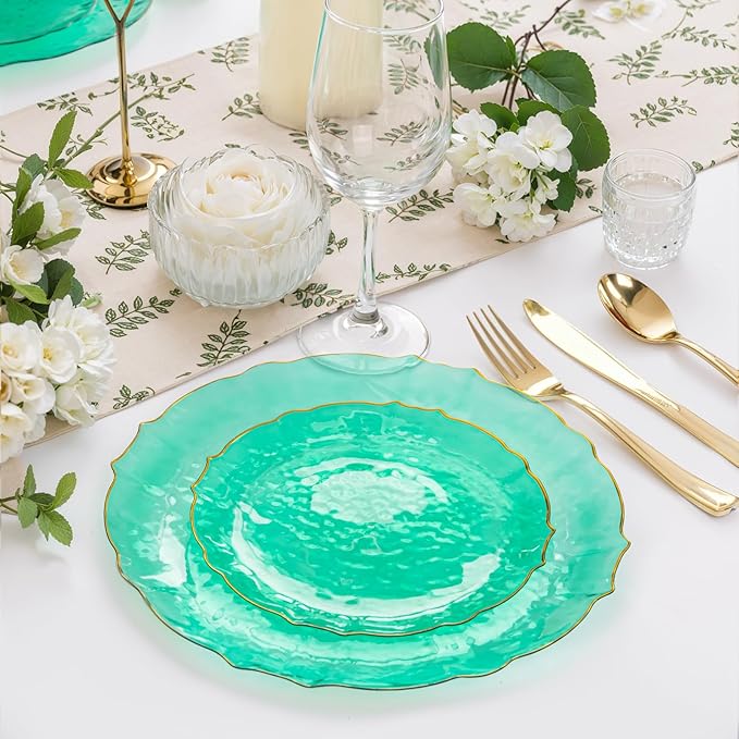 bUCLA 40PCS Clear Green Plastic Plates - Green and Gold Disposable Hammered Plates Fancy Lace-Edge, Crystal Design for 20 Guests Include 20 Each(Dinner&Dessert), Ideal for Party & Christmas