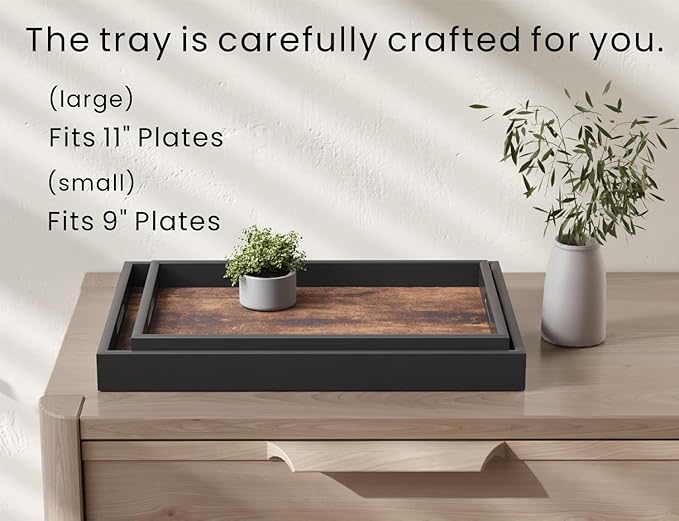 Fibogollo Set of 2 Wooden Serving Tray with Handles,Decorative Trays Platter,Breakfast Tray in Bed,Large Coffee Table Tray，Food Drinks Trays for Eating,Working,Storing