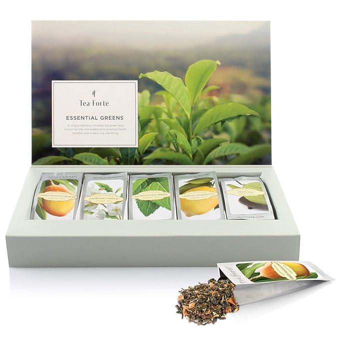 Tea Forte Single Steeps Loose Leaf Tea Sampler, Assorted Variety Tea Box, 15 Single Serve Pouches, Gifts for Mom, Green Tea