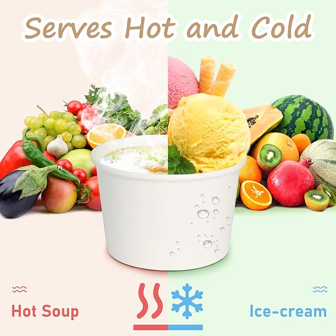 ESSENTIAL Paper Ice Cream Cups, 50pcs 8oz Disposable Dessert Bowls for Hot or Cold Food, Lids Not Included, Paper Snack Containers for Sundae, Frozen Yogurt, Soup (White)