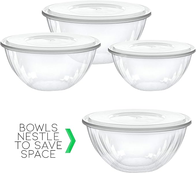 PLASTICPRO Disposable 150 Ounce Round Crystal Clear Plastic Serving Bowls, With Lids Party Snack or Salad Bowl, Chip Bowls, Snack Bowls, Candy Dish, Salad Container Pack of 4