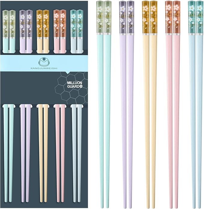 Chopsticks Reusable Dishwasher Safe, Premium Japanese Chinese Korean Non-slip Chopsticks, Lightweight, 9.6 inches - Colorful Sakura Gift Chop sticks, 5 Pairs
