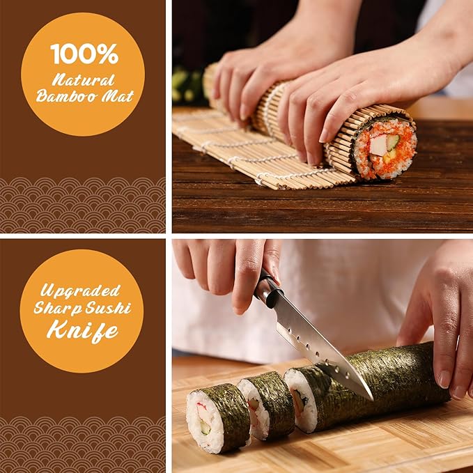 Sushi Making Kit, Delamu Upgrade 22 in 1 Sushi Maker Kit with Bamboo Mats, Chef's Knife, Triangle/Nigiri/Gunkan Sushi Mold, Chopsticks, Guide&More
