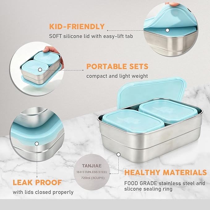 Tanjiae 3 CUP+1 CUP Stainless Steel Lunch Snack Containers Set | Leak Proof 304 Stainless Steel Food Containers with Silicone Lids - Perfect Metal Lunch Box for Home and Travel (25oz+8oz*2)