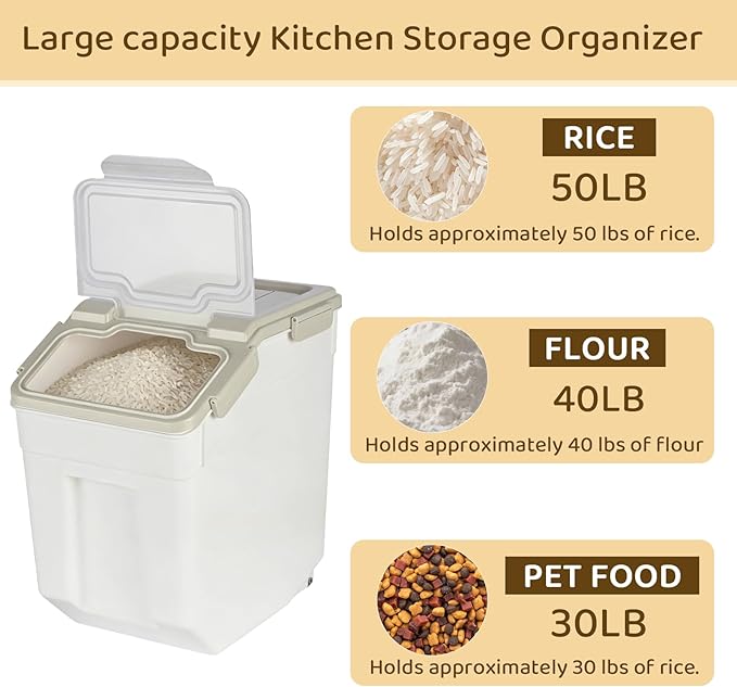 Rice Storage Container 50 lbs Large Household Flour Sugar Containers Airtight Grain Cereal Dispenser with Wheels, Locking Lid & Measuring Cup for Kitchen Pantry Organization, 2 Pack(Grey)