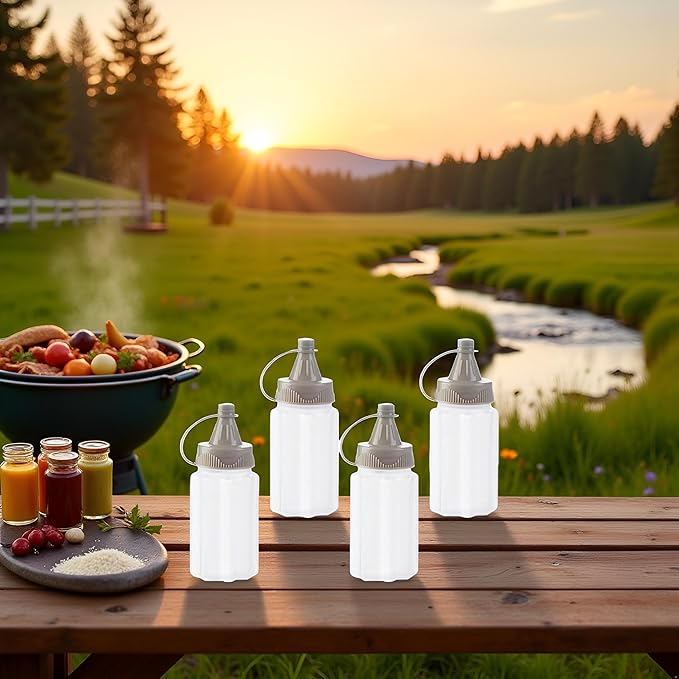 4Pcs White Plastic Squeeze Condiment Bottles,Ketchup Honey Bottle,Salad Dressing Container for Lunch, BBQ, Mini Sauce Jam Squeeze Bottle, Camping Condiment Squeeze Bottles Dinnerware and Serveware
