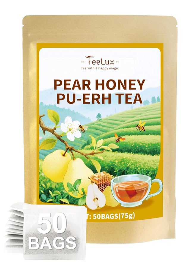 TeeLux Pear Honey Pu-erh Tea Bags, Premium Black & Pu-erh Blend with Natural Pear & Honey Flavor, Smooth & Sweet, 50 Count