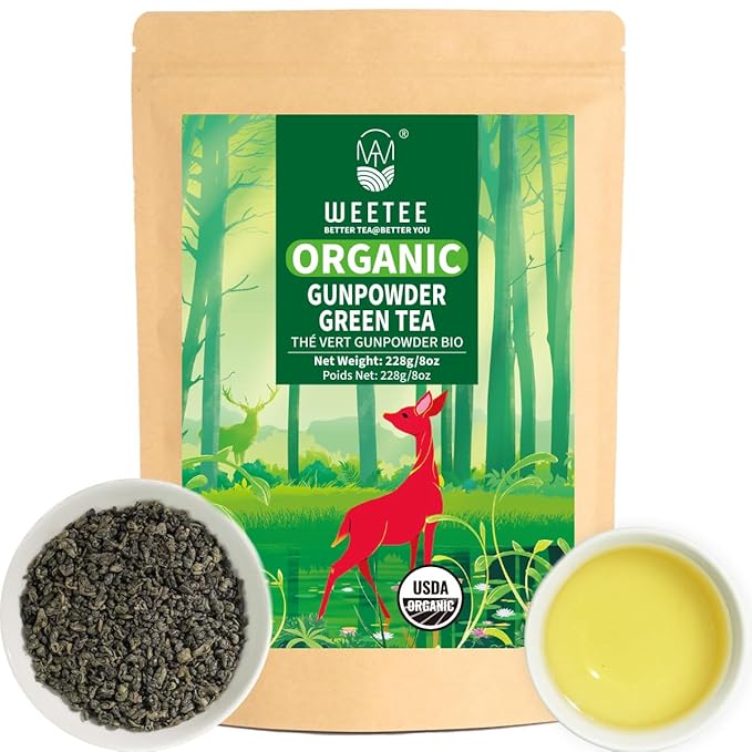 WT WEETEE Organic Gunpowder Green Tea, USDA Organic Loose Leaf Green Pearls Tea 8 Ounce, Full-Bodied & Gently Rolled Chinese Green Tea, Caffeinated