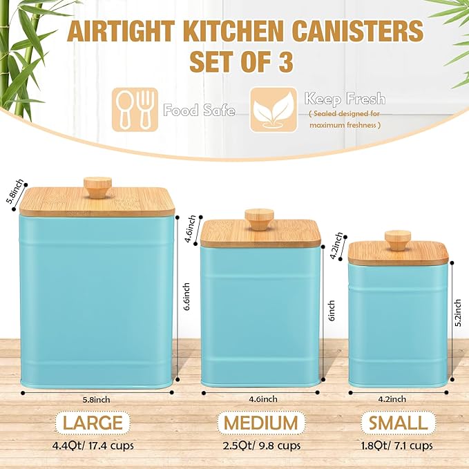 Tioncy Kitchen Canisters for Countertop Set of 3 Metal Canisters Sets with Bamboo Lids Spoon Airtight High Capacity Coffee Tea Sugar Flour Jars with DIY Labels Farmhouse Food Storage(Turquoise,L,M,S)