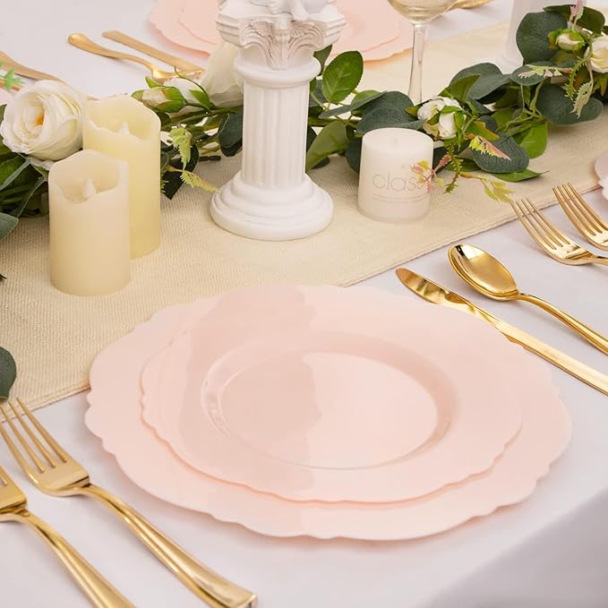 WDF 60pcs Pink Plastic Plates - Baroque Pink Disposable Plates Including 30 Dinner Plates 10.25inch, 30 Dessert Plates 7.5inch for Upscale Wedding/Baby Shower/Spring