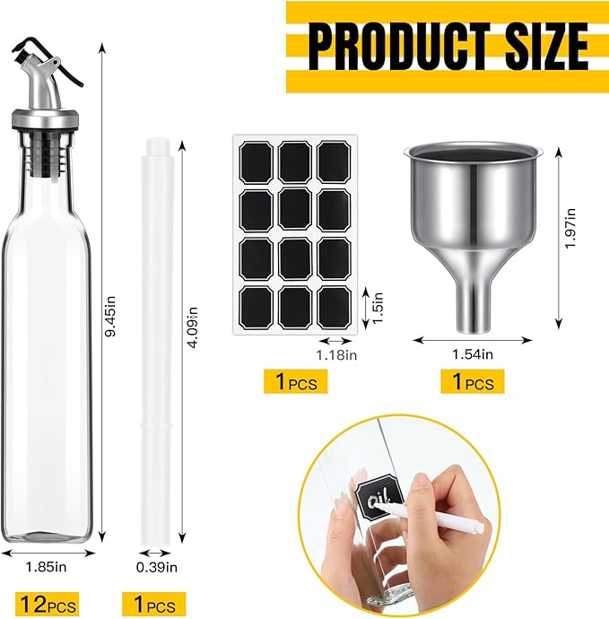 Hushee 15 Pcs Clear Glass Olive Oil Dispenser Bottles Sets Include 8oz Glass Bottle with Spout Oil Vinegar Cruet Container for Kitchen Stainless Steel Funnel Black Labels with White Pen(Silver)