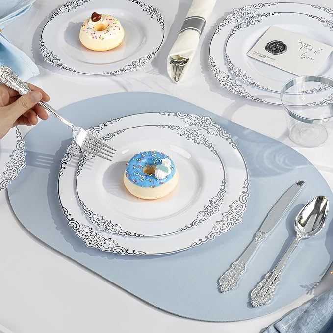 Bestluck 175PCS White and Silver Plastic Plates for 25 Guests, Disposable Dinnerware Sets Include 50 Plastic Plates, 25 Silverwares, 25 Cups, and 25 Pre Rolled Napkins for Party, Graduation
