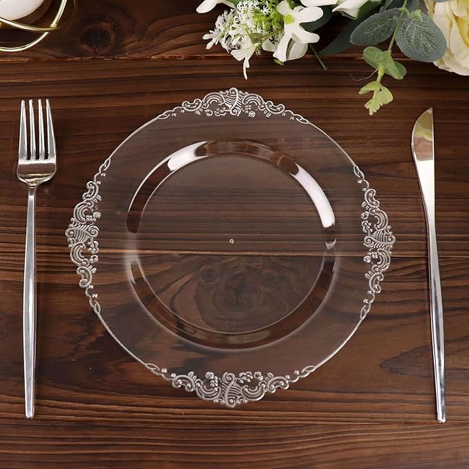 Efavormart 10 Pack | 8" Clear and Silver Baroque Dessert Plates, Leaf Embossed Metallic Rim Shatterproof Appetizer Plates for Modern Winter Galas