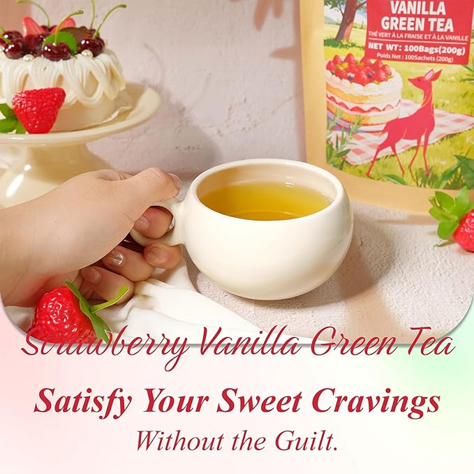 WT WEETEE Strawberry Vanilla Green Tea Bags 100 Count - Smooth & Decadent Dessert-Inspired Blend - Zero Calorie, Rich Antioxidants - Refreshing Iced or Hot