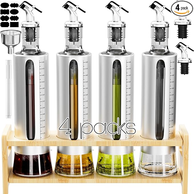 SINYWAY Oil Dispenser Bottle, 4 Pack Glass Olive Oil Dispenser Bottle with Shelf, 17oz/500 ml Oil and Vinegar Dispenser Set Wrapped in Stainless Steel Shell with Pourers, Funnel & Pen and Tags