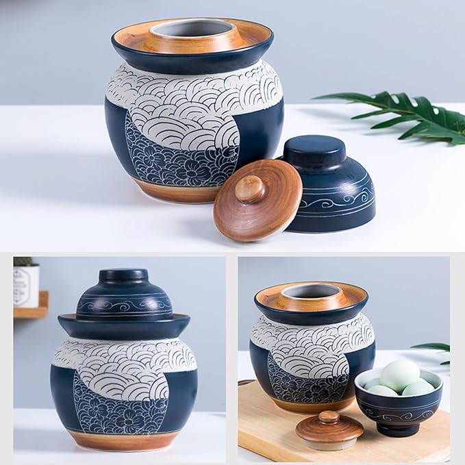 Traditional Chinese Porcelain Pickle Jar, Ceramic Fermenting Jar with Water Seal Airlock Lid, Turnip Kimchi Sauerkraut Fermentation Crock Pickling Pot(5kg, Blueb)