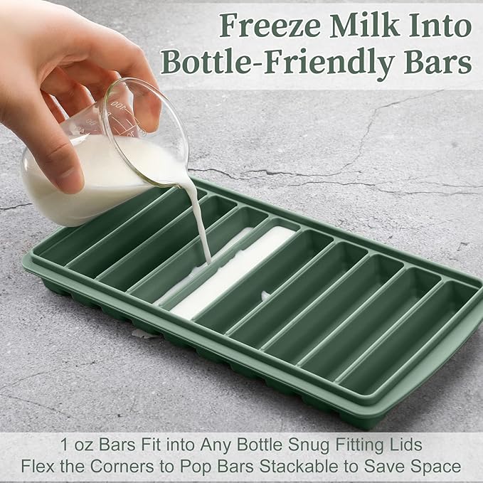Eaasty 2 Pieces Breastmilk Storage Container Baby Food Milk Silicone Freezer Trays with Lid Breastmilk Freezer Tray Organizer Ice Trays Silicone Storage Bag Tray 10-1 oz Bars(Green)