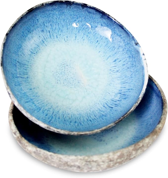 roro 8 Inch Handmade Coral Ceramic Stoneware Bowls Set of 2 - Rustic Charm, Tropical Style, Coral Blue with Rustic Textured Finish, Serving Bowls for Beach