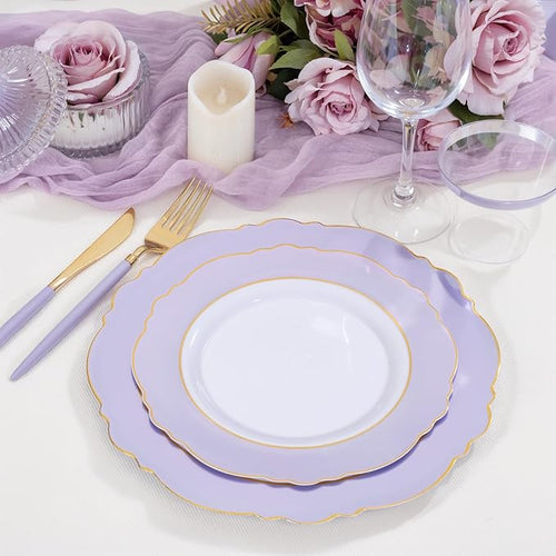 WDF 60pcs Purple Plates Disposable with Gold Rim - Baroque Light Purple Plastic Plates - Lavender Plates for Spring/Wedding/Birthday